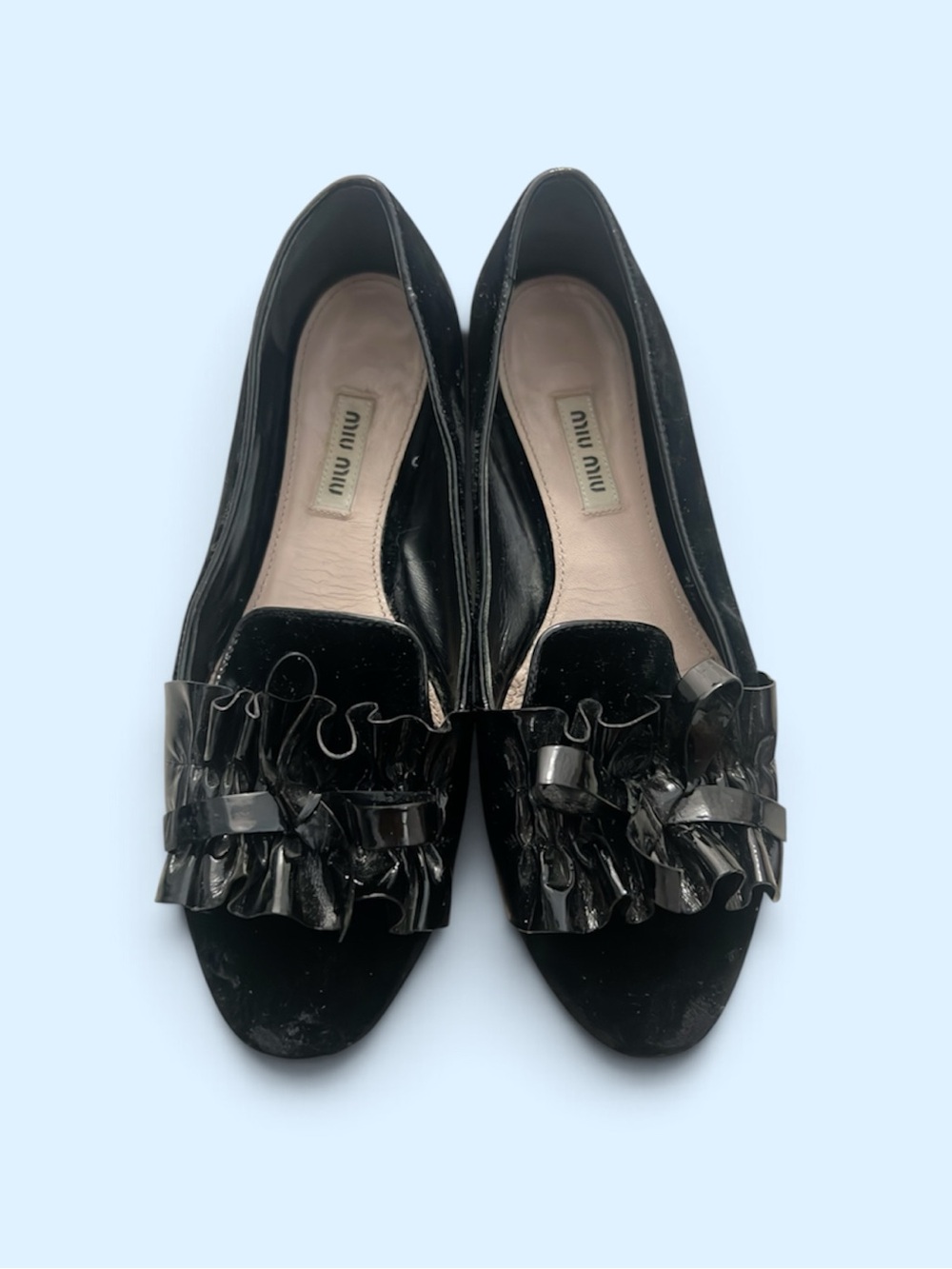 Miu Miu Black Velvet Flats with Glossy Ruffle Bow